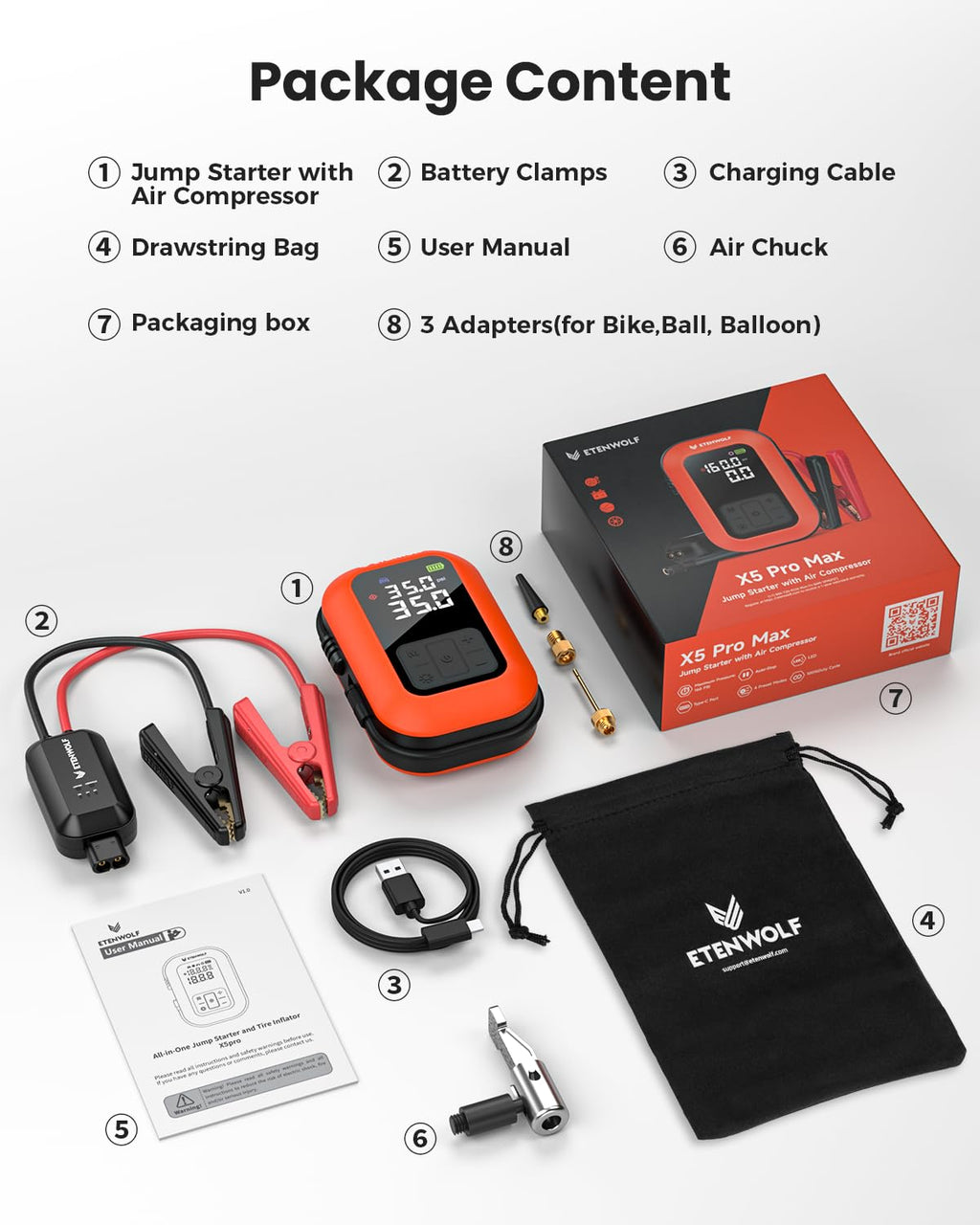 ETENWOLF 2000A Car Battery Jump Starter with 160PSI Air Compressor image 8