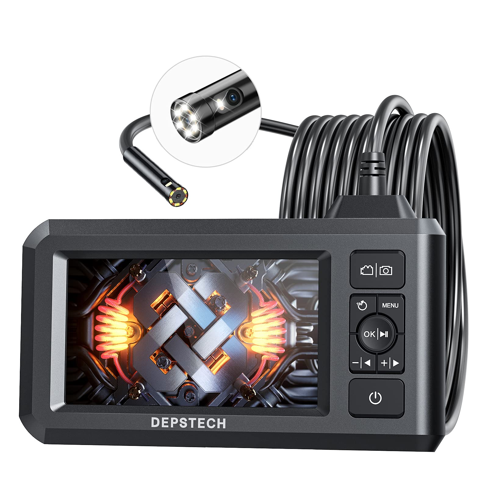 DEPSTECH dual-lens endoscope borescope camera with illuminated probe and 16.5ft cable