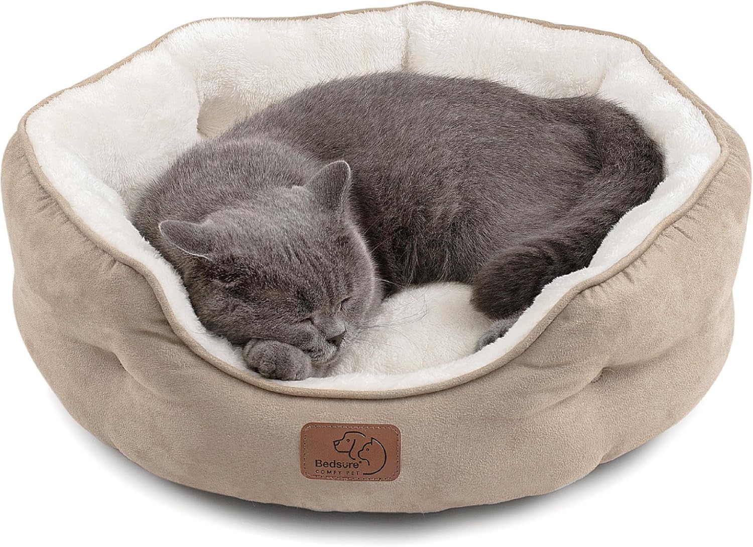 Bedsure 20-inch camel round plush pet bed for small dogs and cats
