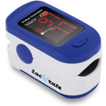 Navy blue Zacurate 500BL fingertip pulse oximeter displaying oxygen saturation