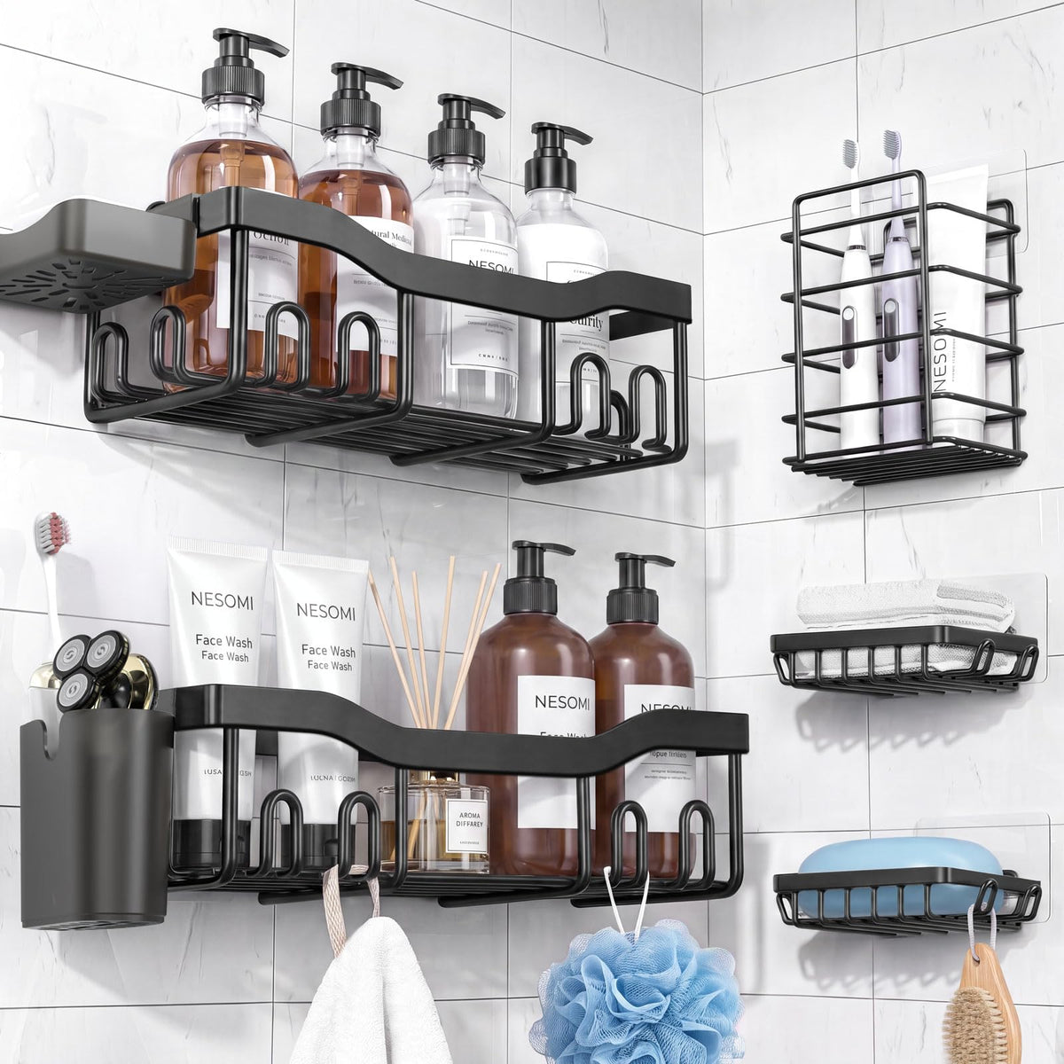 NESOMI stainless steel adhesive shower caddy mounted on tiled shower wall