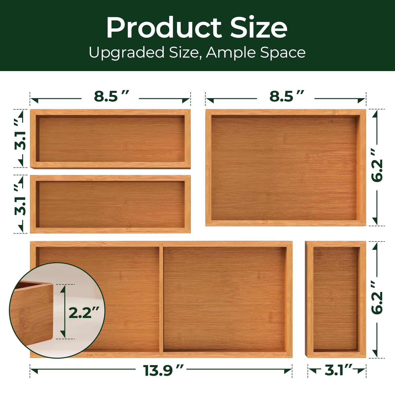 keechee 5-Piece Drawer Organizer Set, 2.2" Deep Multi-Use Organizers for Utensils, Silverware, Cutlery, Desk, Bathroom, Junk Drawer & Makeup, Non-Slip Feet Included. image 4