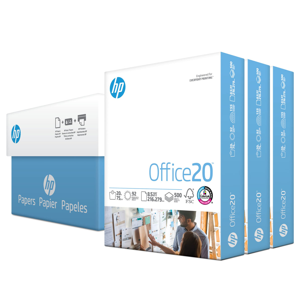 Three reams of HP Papers 8.5x11 white copy paper in a 3-ream case showing label