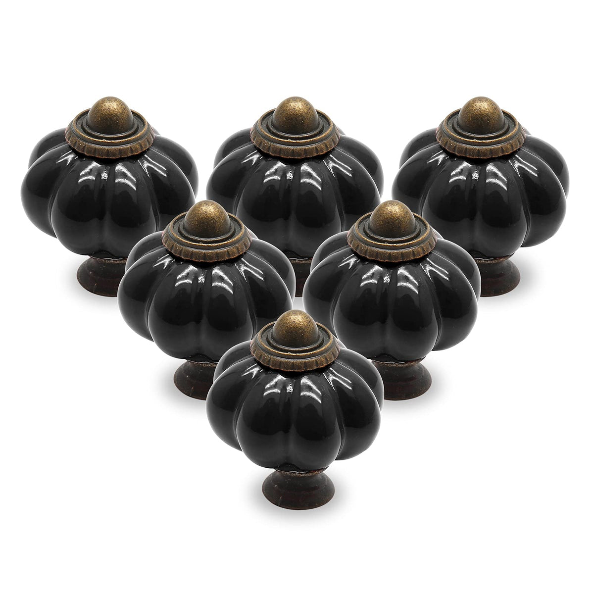 Twelve black ceramic pumpkin-shaped cabinet knobs displayed on white background