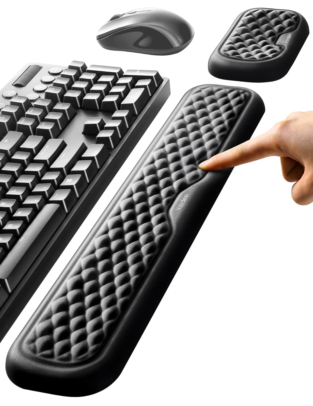Vaydeer memory foam wrist rest in front of keyboard and mouse on a desk