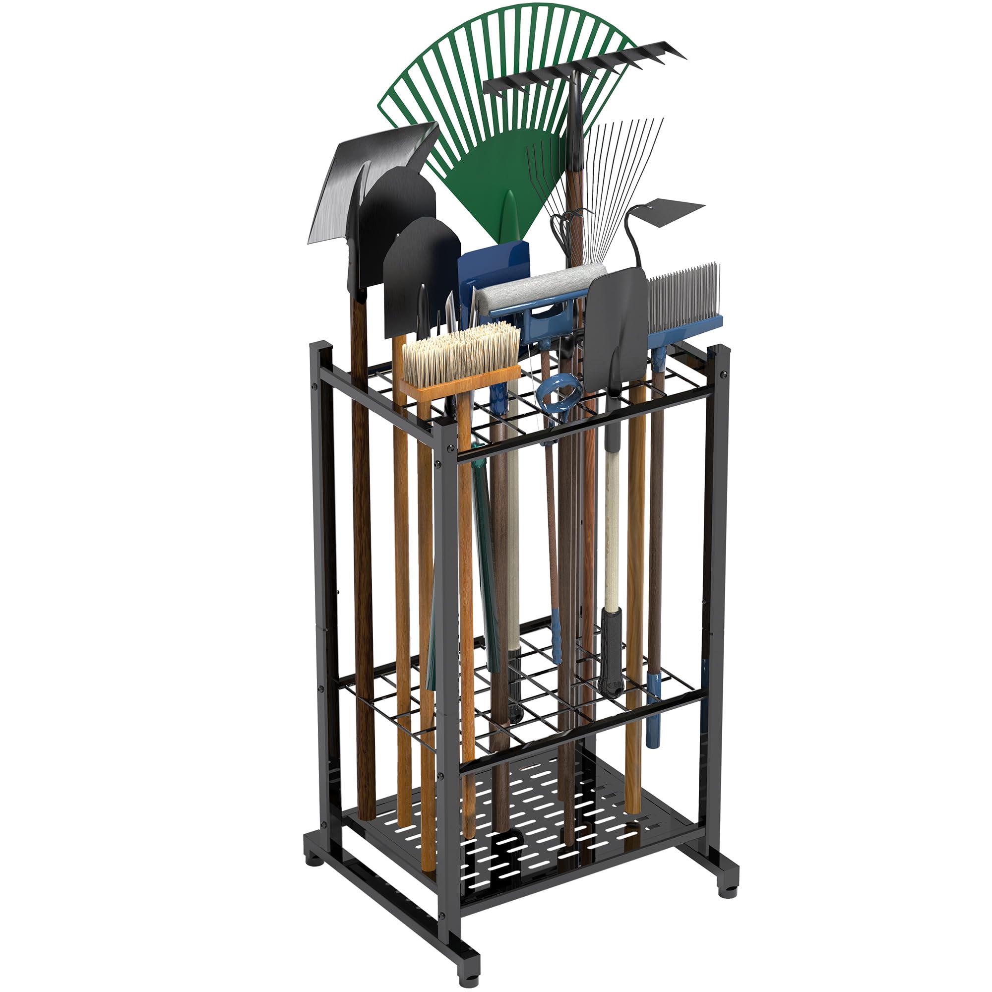 Heavy duty steel garage tool rack holding rakes, brooms, mops mounted on wall