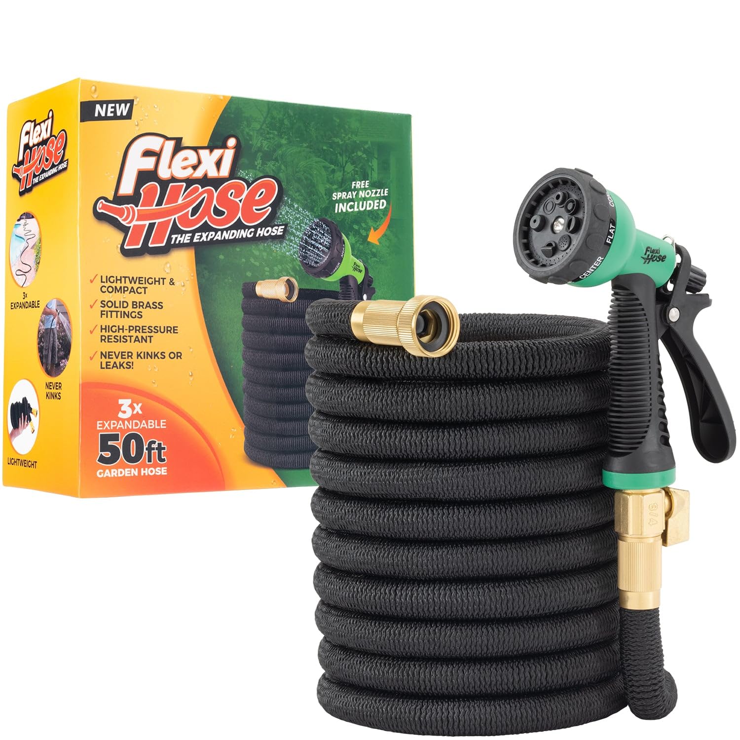 50FT green expandable garden hose, 8-function spray nozzle, brass fittings