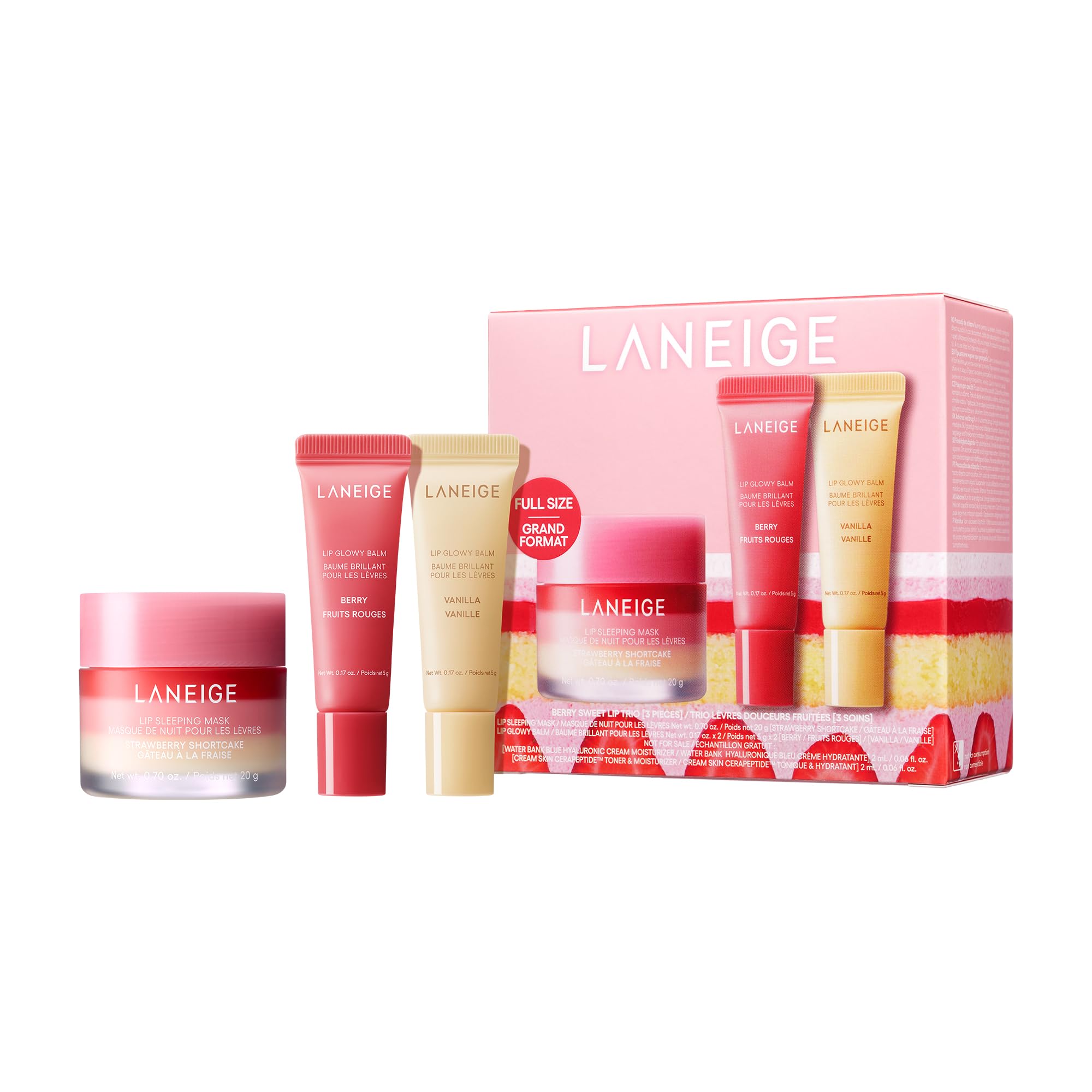 LANEIGE Berry Sweet Lip Trio with Lip Sleeping Mask jar and two Mini Lip Glowy Balms in berry and vanilla