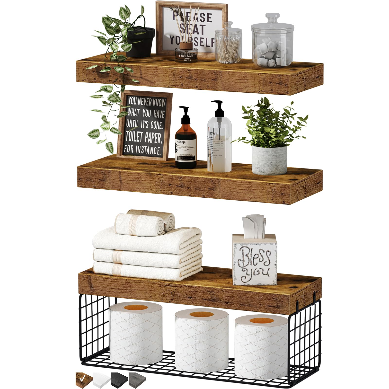 Brown QEEIG three-tier over-toilet wall mounted shelves installed above a toilet