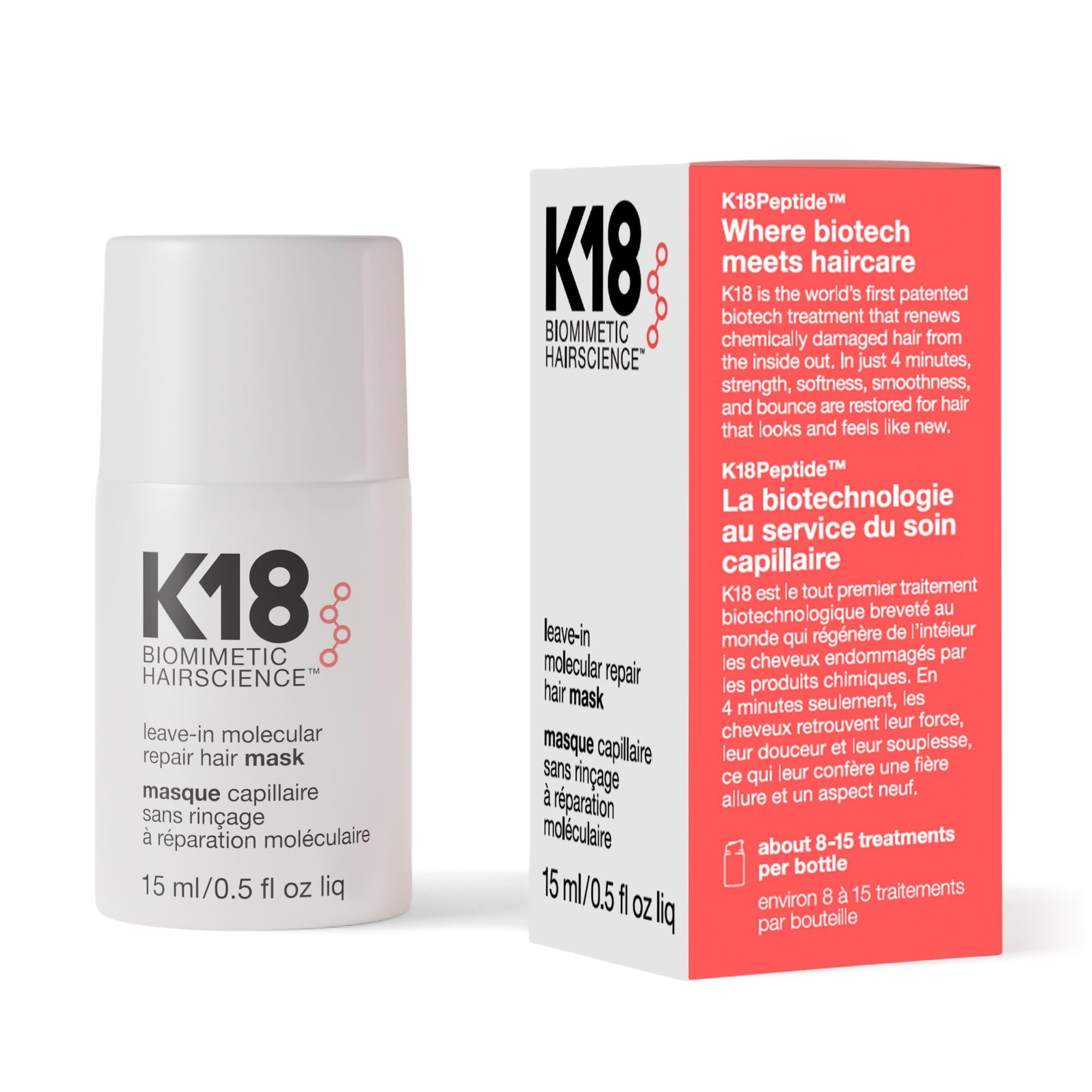 K18 Leave-In Molecular Repair Hair Mask 0.5 fl oz tube on white background