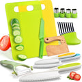 13-piece Montessori toddler kitchen toy kit showing plastic toy knife, crinkle cutter, cutting board