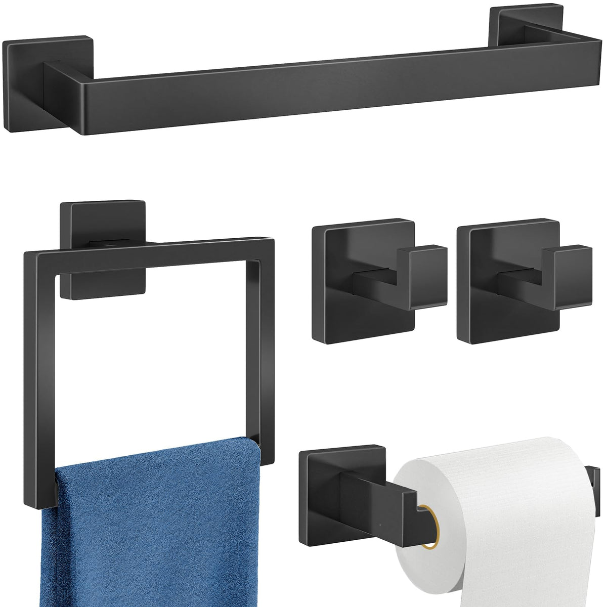Gypie 5-piece matte black wall-mounted bathroom hardware with 16in towel bar and matching accessories