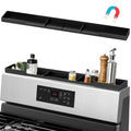 Black 30-inch silicone magnetic stove top shelf with three partitions holding spice jars