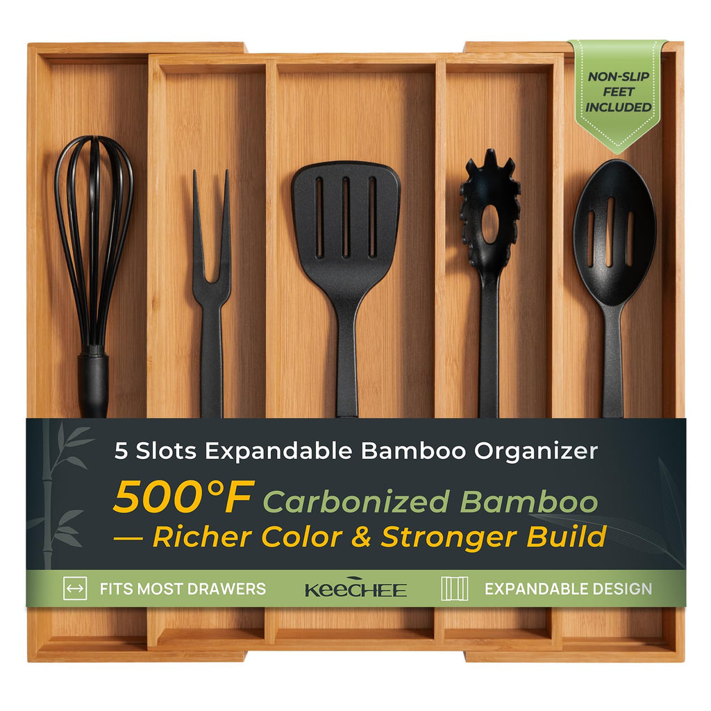 Carbonized Kitchen Drawer Organizer, 5 Slots Expandable Silverware Organizer, Utensil Holder & Cutlery Tray, 2.2" Deep for Extra Capacity, Non-Slip Feet Included.