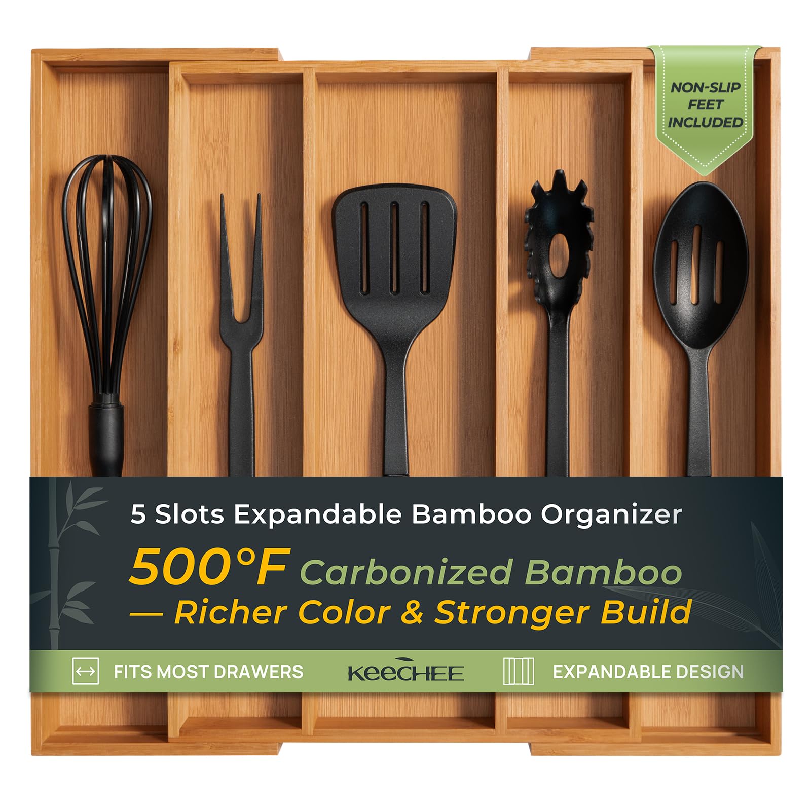 Carbonized Kitchen Drawer Organizer, 5 Slots Expandable Silverware Organizer, Utensil Holder & Cutlery Tray, 2.2" Deep for Extra Capacity, Non-Slip Feet Included.