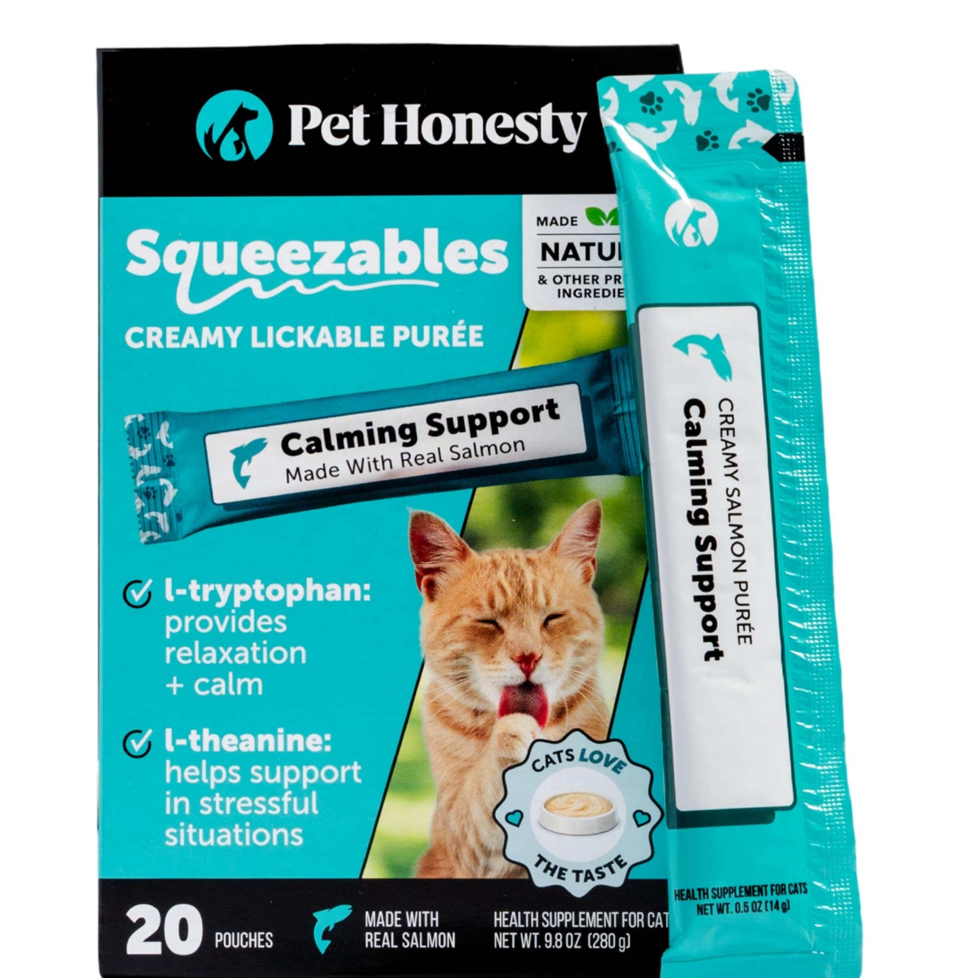 Pet Honesty salmon lickable puree pouch, cats, 20-count display