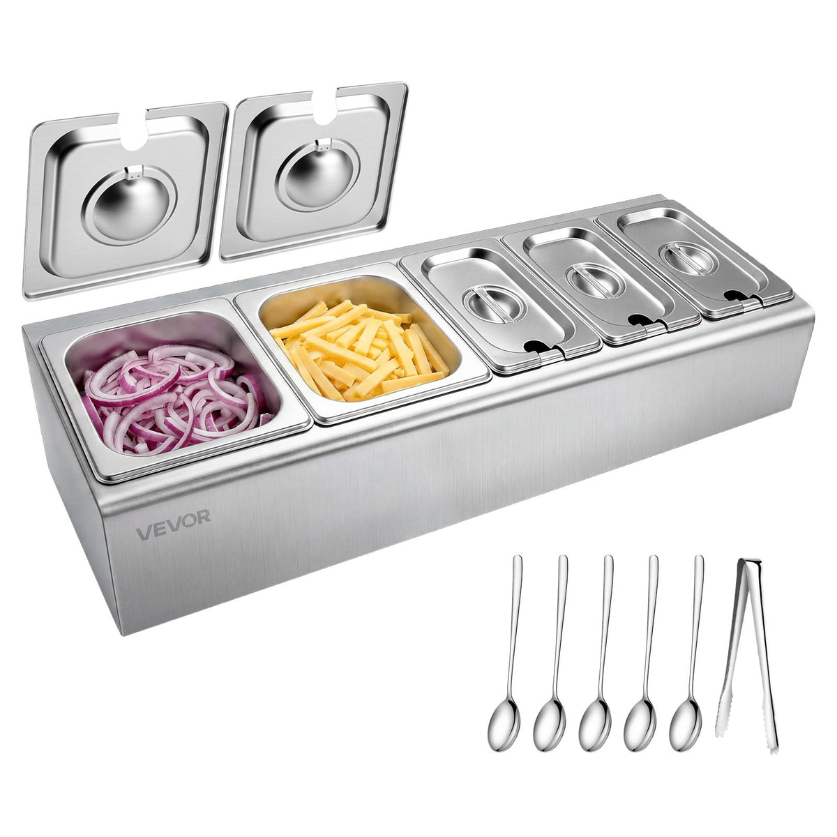 Stainless steel countertop food serving display with multiple pans and ice-cooled rack