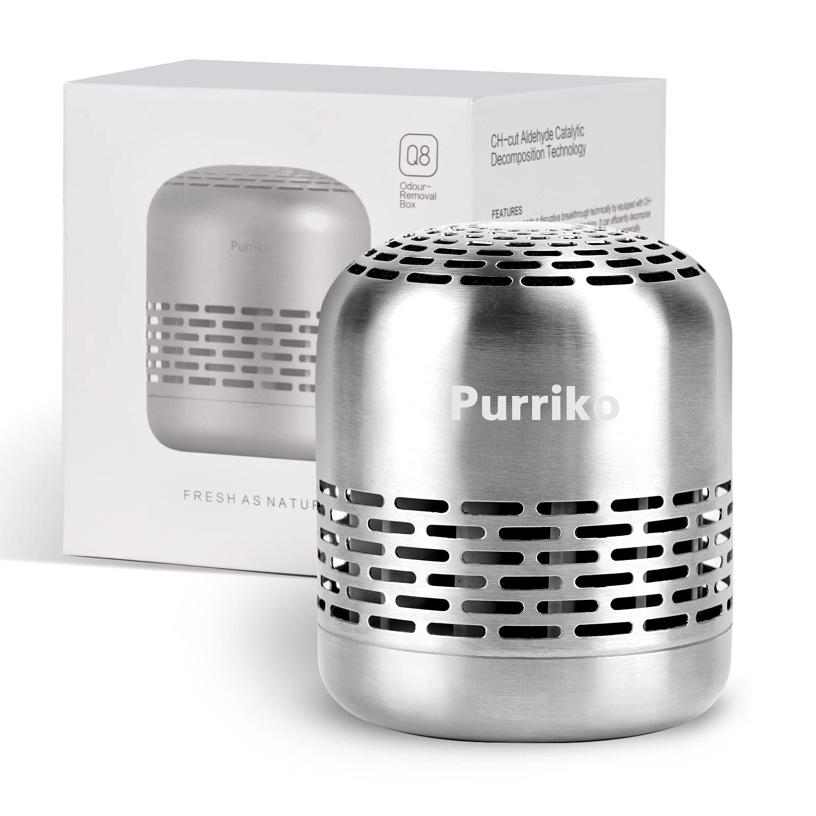Purriko refrigerator deodorizer cartridge on a fridge shelf