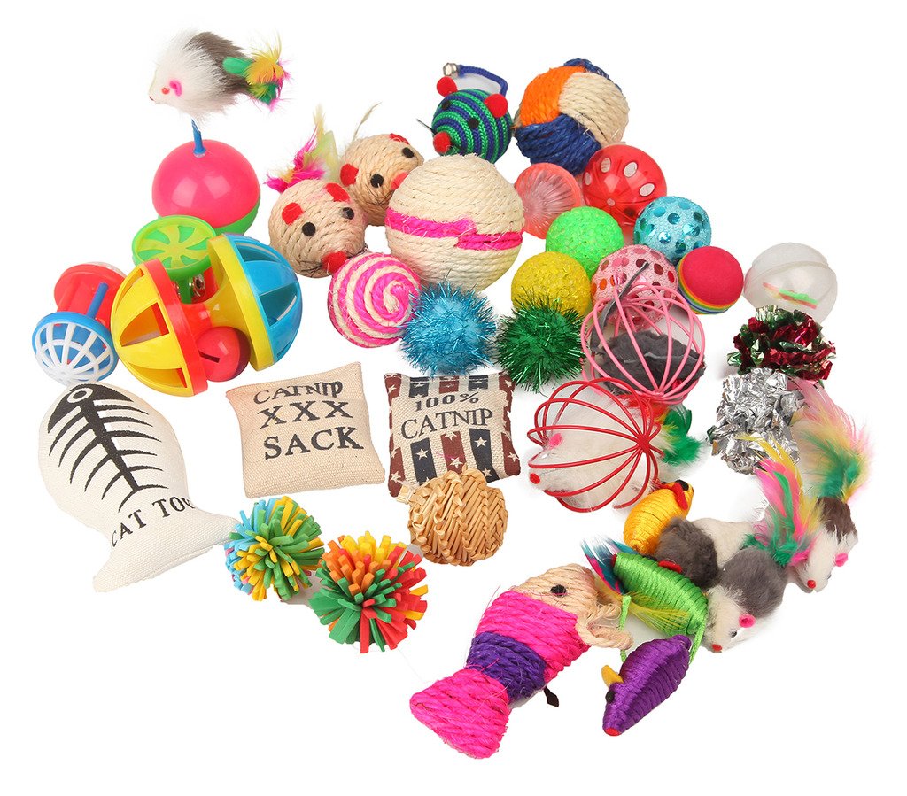 Assorted cat toys including plush mice, balls, and feather wands, 20-piece variety