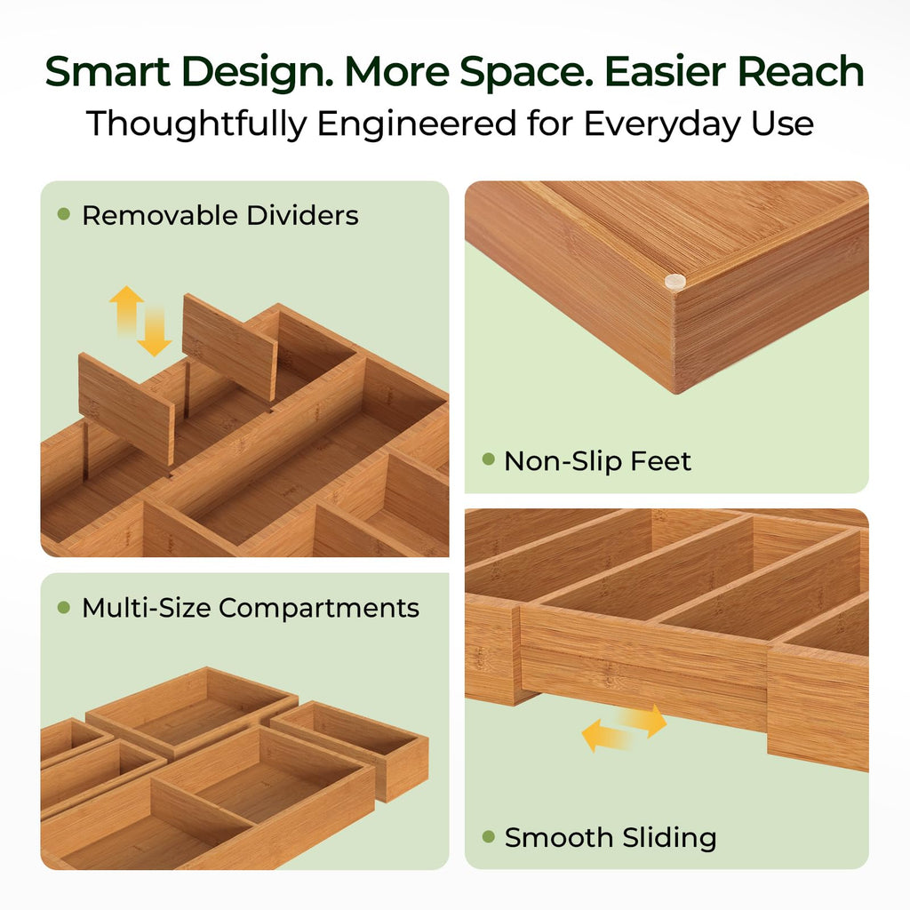 keechee 6-Piece Bamboo Drawer Organizer Set, 2.2" Deep Multi-Use Organizers for Utensils, Silverware, Cutlery, Desk, Bathroom, Junk Drawer & Makeup, Non-Slip Feet Included. image 5