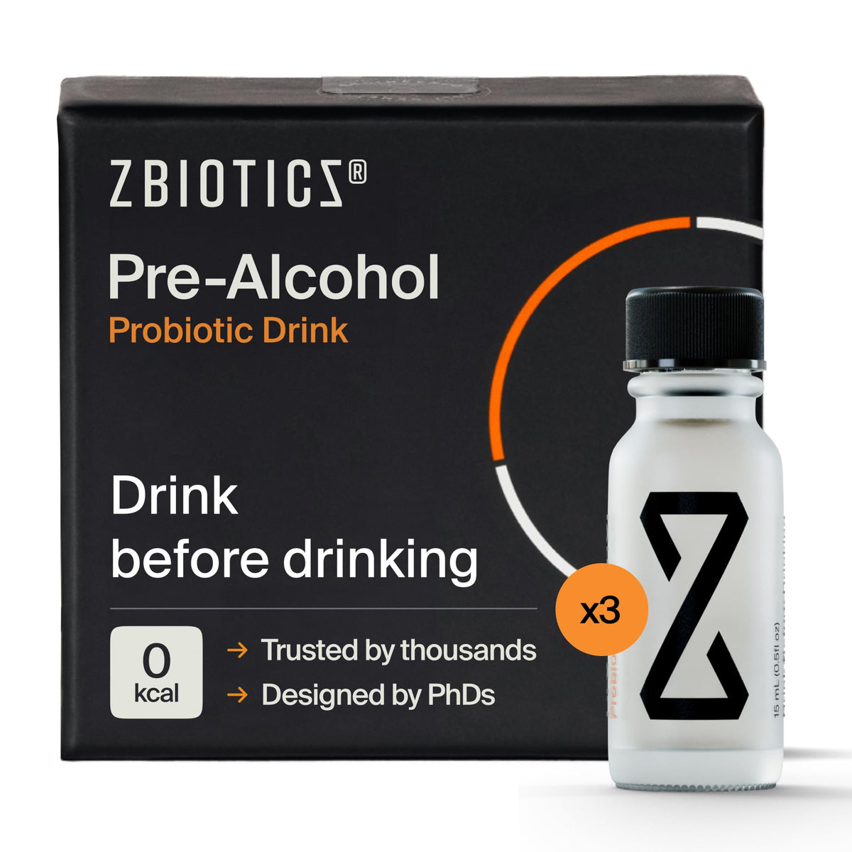 ZBiotics Pre-Alcohol Probiotic single bottle with label on white background