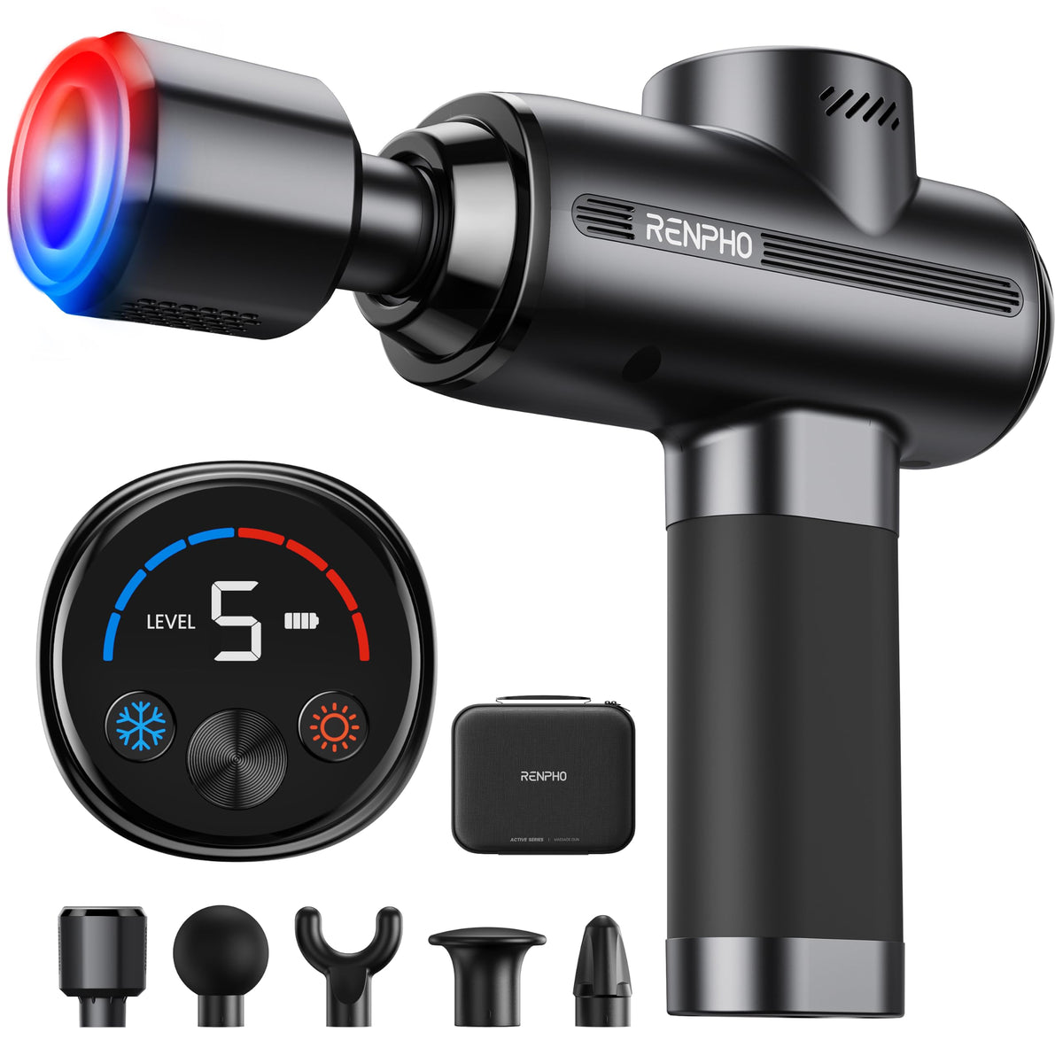RENPHO Thermacool 2 massage gun showing handle, cooling, heating controls