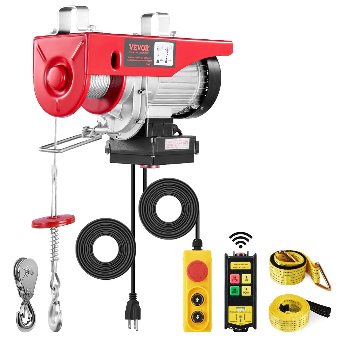 VEVOR 1320 lb electric hoist featuring wireless, wired remotes mounted on steel beam