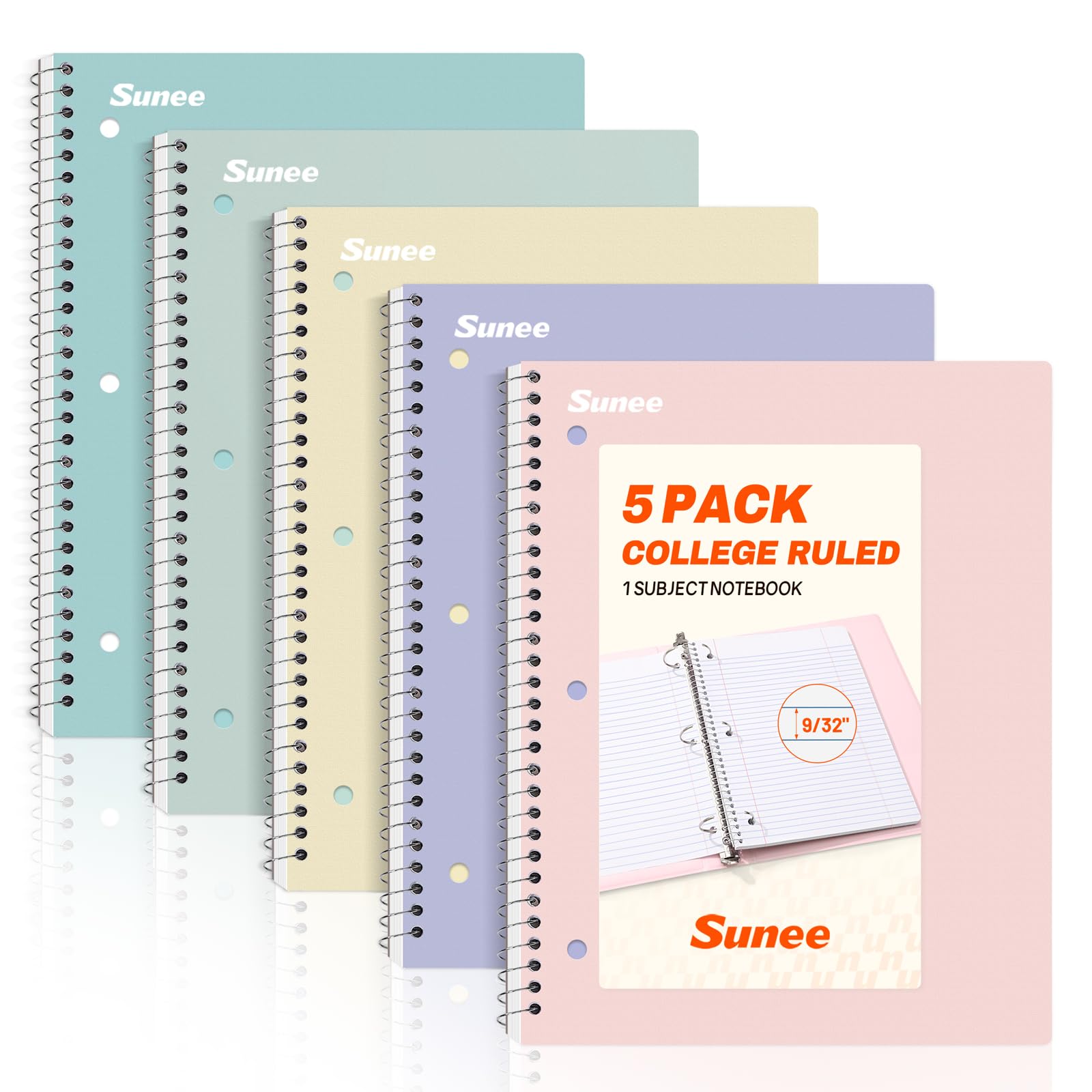 Five SUNEE spiral notebooks in pink, purple, blue, green and yellow, college-ruled 8 x 10.5 with 3-hole punched pages
