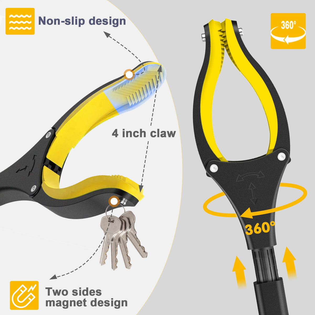 48 Inch Extra Long Grabber Reacher Tool，Foldable Pick Up Stick with Strong Grip Magnetic，360°Rotating Anti-Slip Jaw 4" Wide Claw Opening,Hand Grabber for Reaching image 3