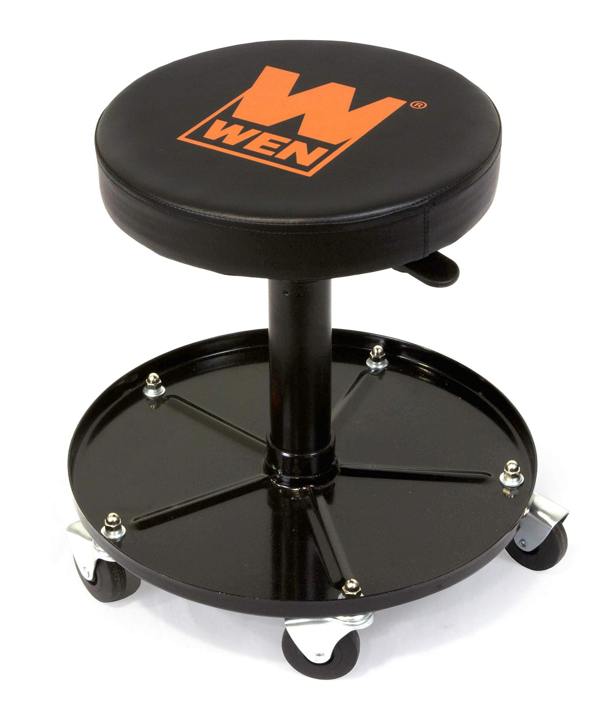 WEN pneumatic rolling mechanic stool, round padded seat, height-adjustable, five caster wheels