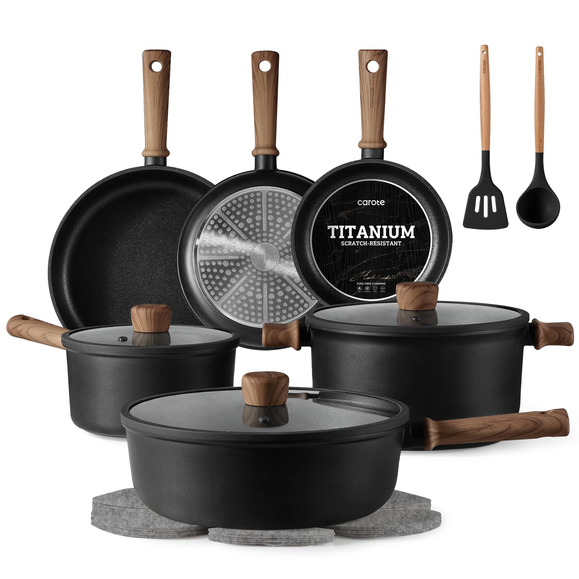 CAROTE 16-piece nonstick pots and pans assortment on white background