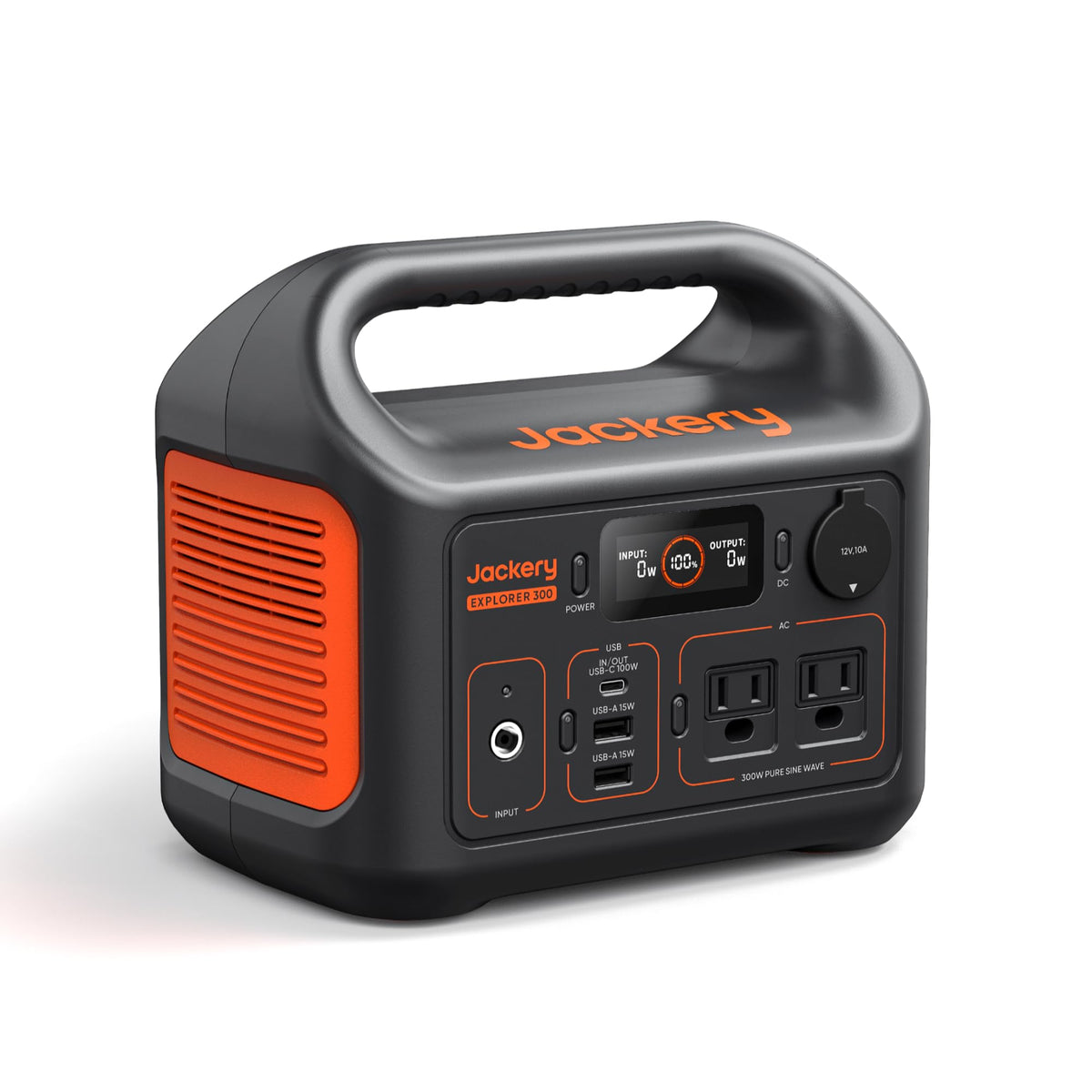 Jackery Explorer 300 portable power station showing LCD display, AC outlet and USB ports