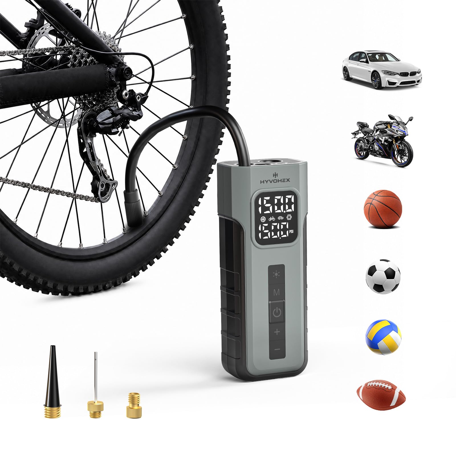 HYVOHEX Mini Bike Tire Pump,150PSI Electric Bicycle Pump with Digital Gauge
