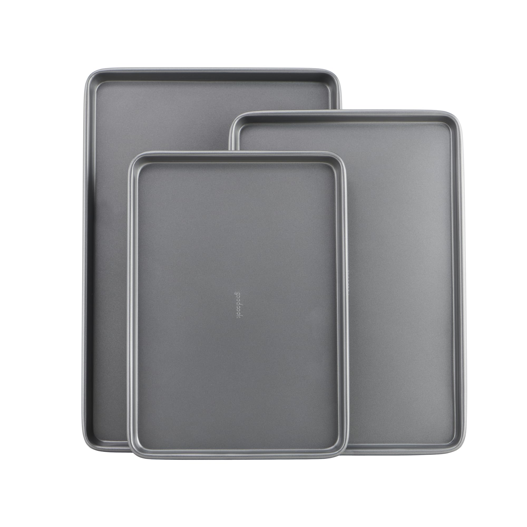 Three gray GoodCook nonstick baking sheets in small, medium, and large sizes
