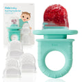 Three Frida push-pop silicone baby fruit feeders showing silicone sac and handle, BPA-free