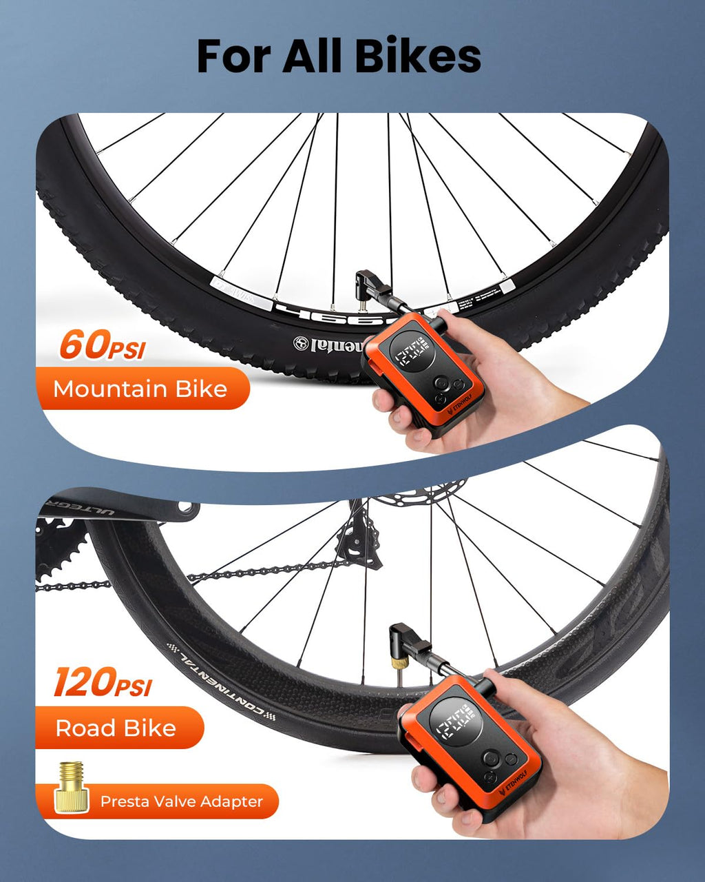 ETENWOLF S0 Mini Bike Pump, 20s Fast Inflate Bicycle Pump with Gauge,Orange image 3