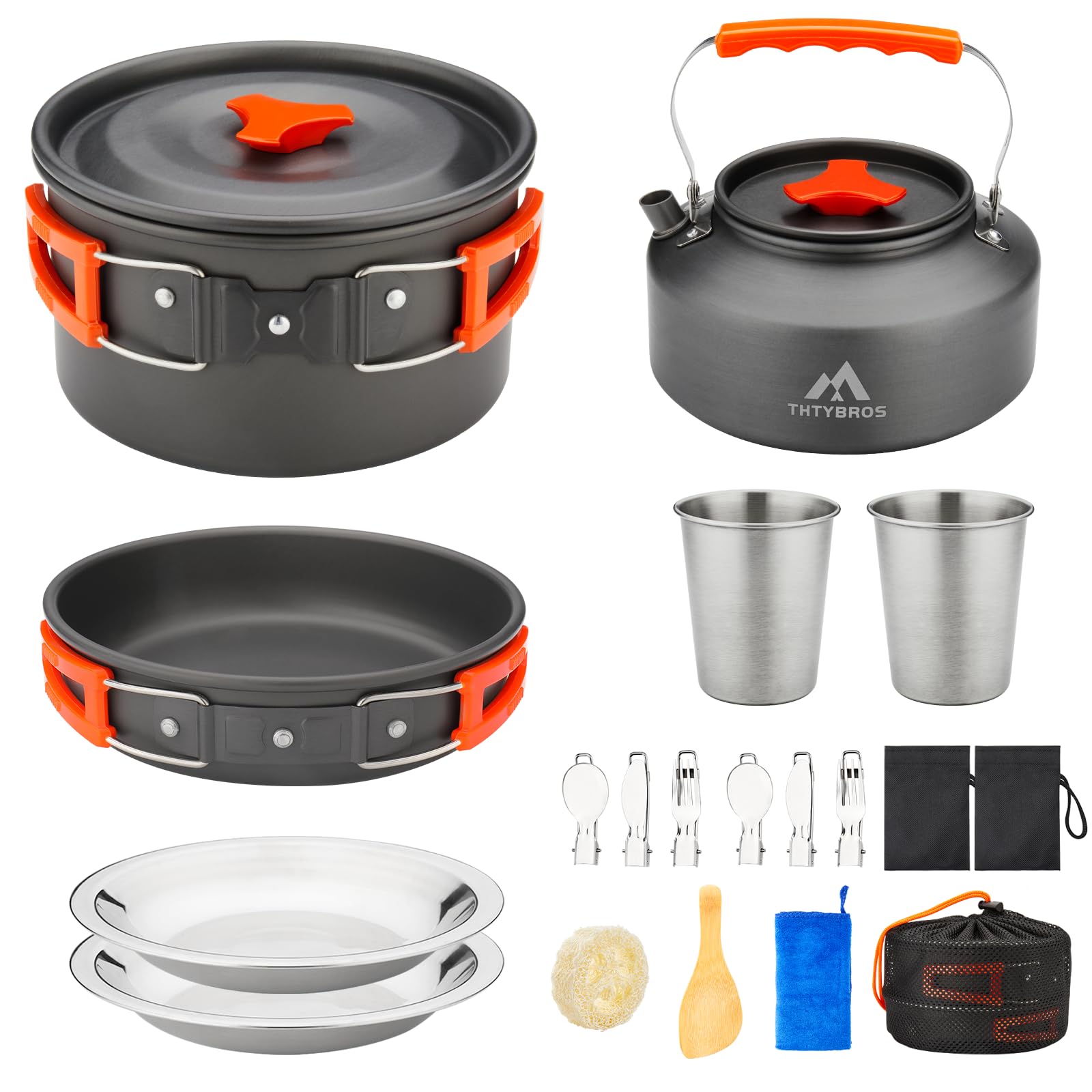 THTYBROS 17-piece camping cookware mess kit with nested pots, pan, cups and utensils