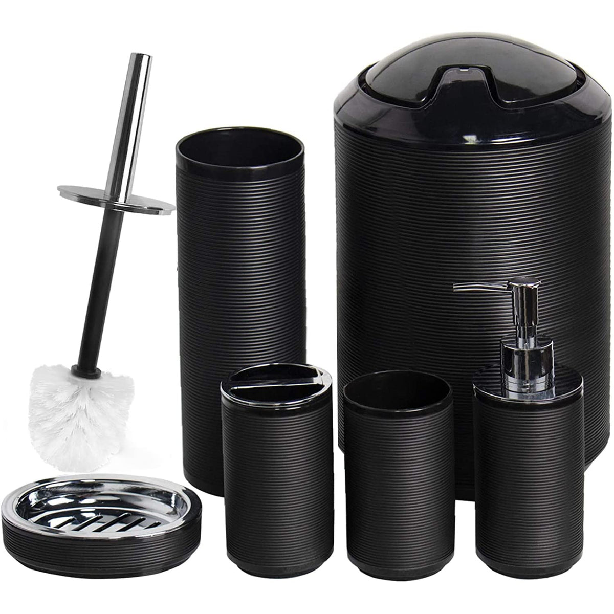 Black CERBIOR 6-piece spiral pattern bathroom accessories including dispenser, toothbrush holder, tumbler, soap dish, and