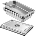 Four stainless steel full-size hotel pans, lids visible, 3.7-inch deep, stacked