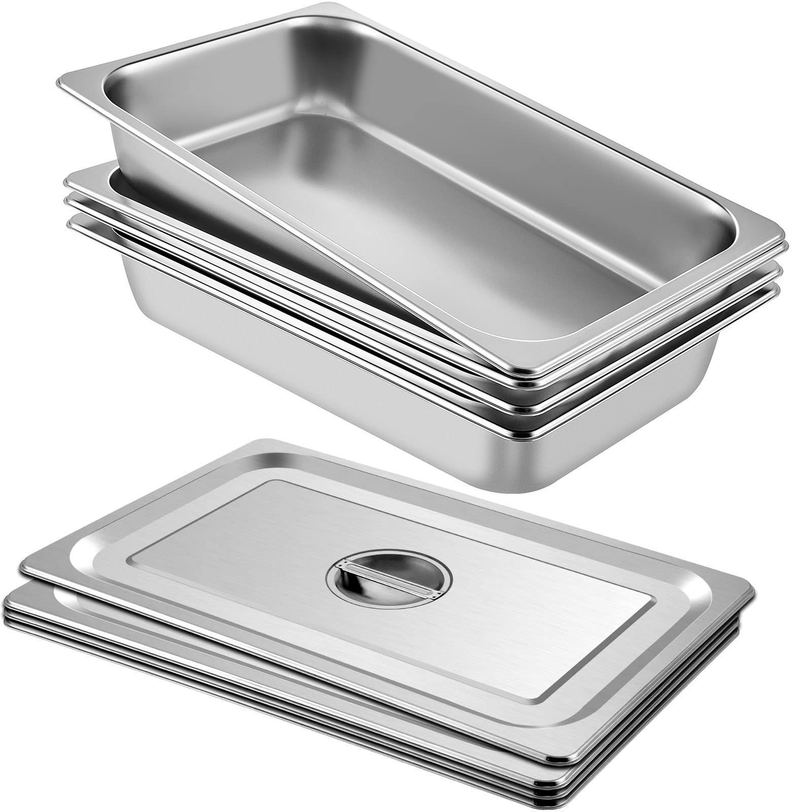 Four stainless steel full-size hotel pans, lids visible, 3.7-inch deep, stacked