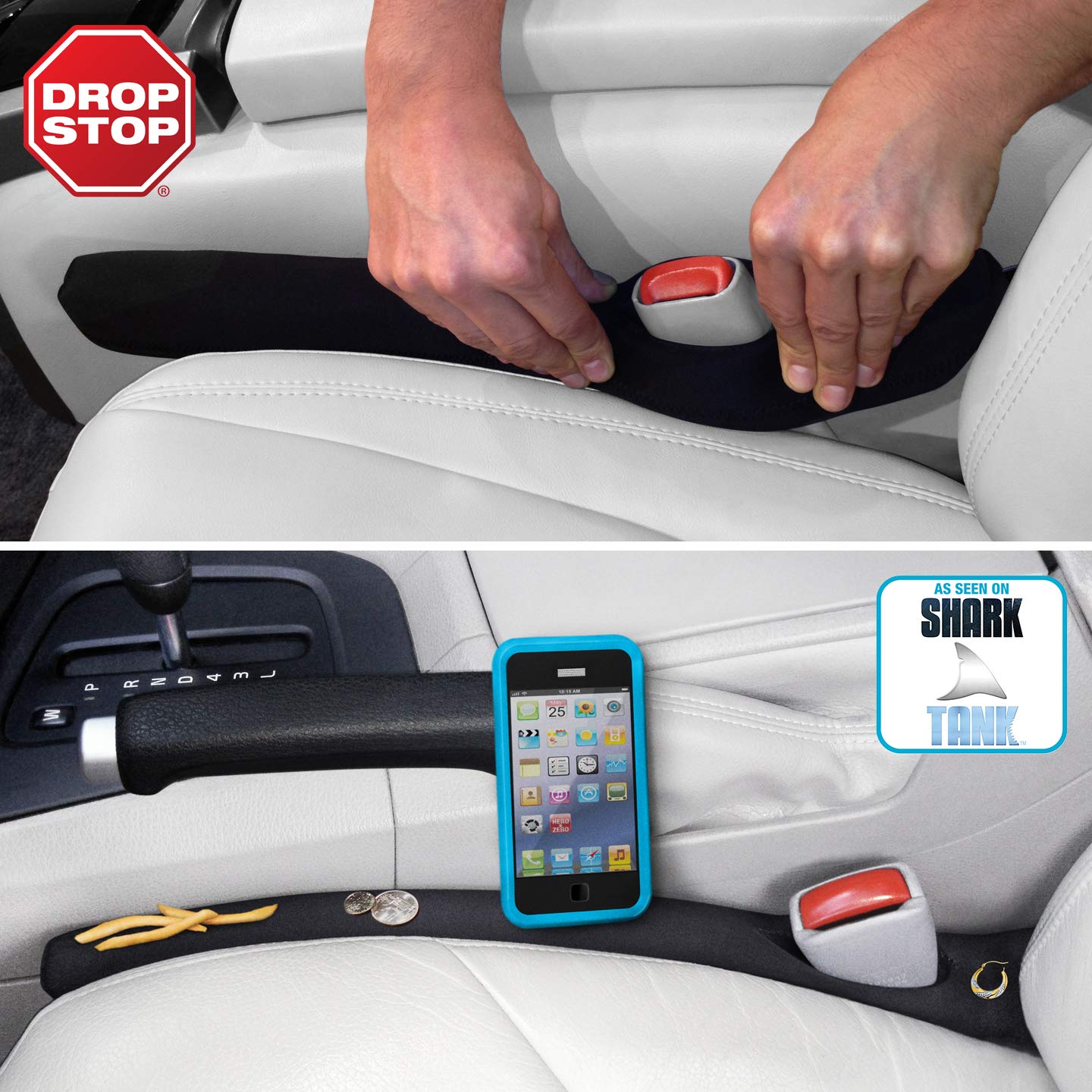 Two Drop Stop seat gap fillers installed between car seat and center console plus dash pad and small LED light