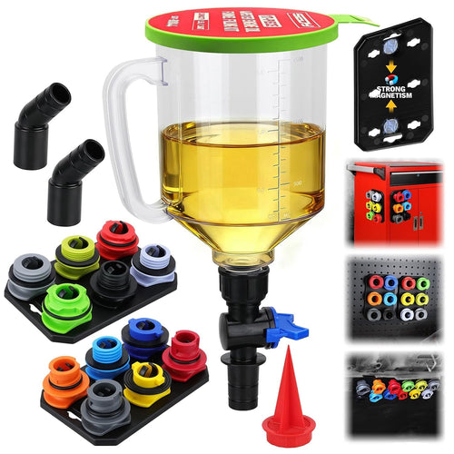 SEDY 18-piece engine oil funnel kit with 12 adapters, elbow fitting, arrow screen and magnetic storage tray