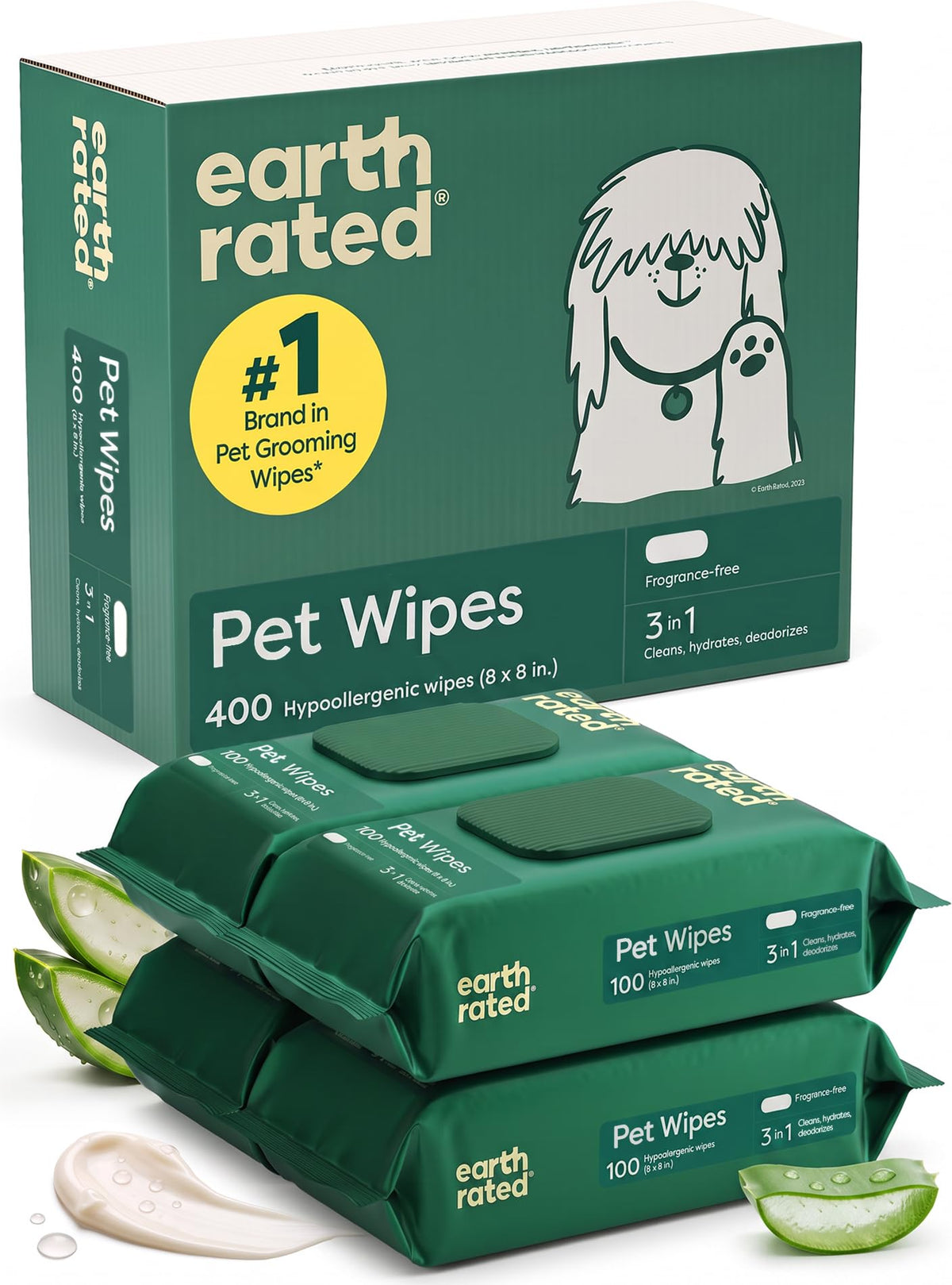 Earth Rated unscented dog wipes 400ct tub showing label