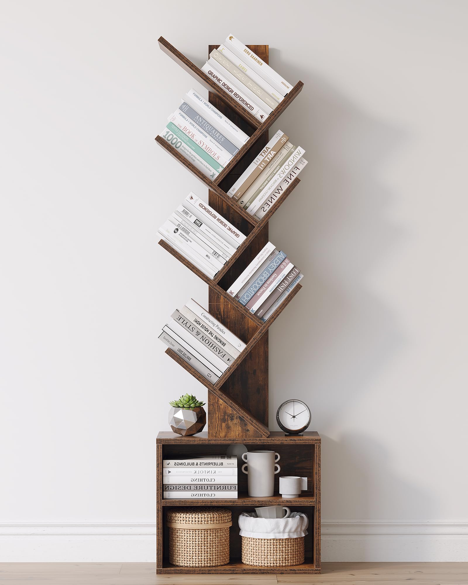SUNMORY 6-tier tree bookshelf wood finish lower storage cabinet