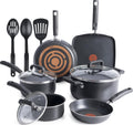 T-Fal Signature black 12-piece nonstick cookware displaying fry pans, saucepans, sauté pan and griddle
