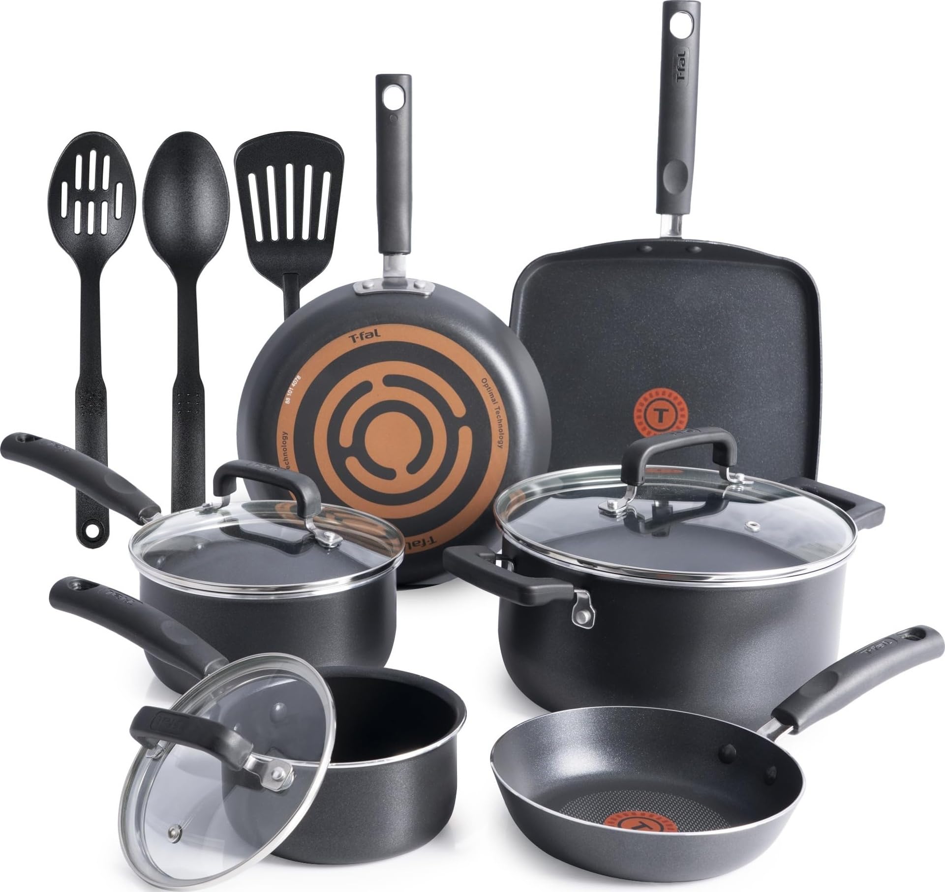 T-Fal Signature black 12-piece nonstick cookware displaying fry pans, saucepans, sauté pan and griddle