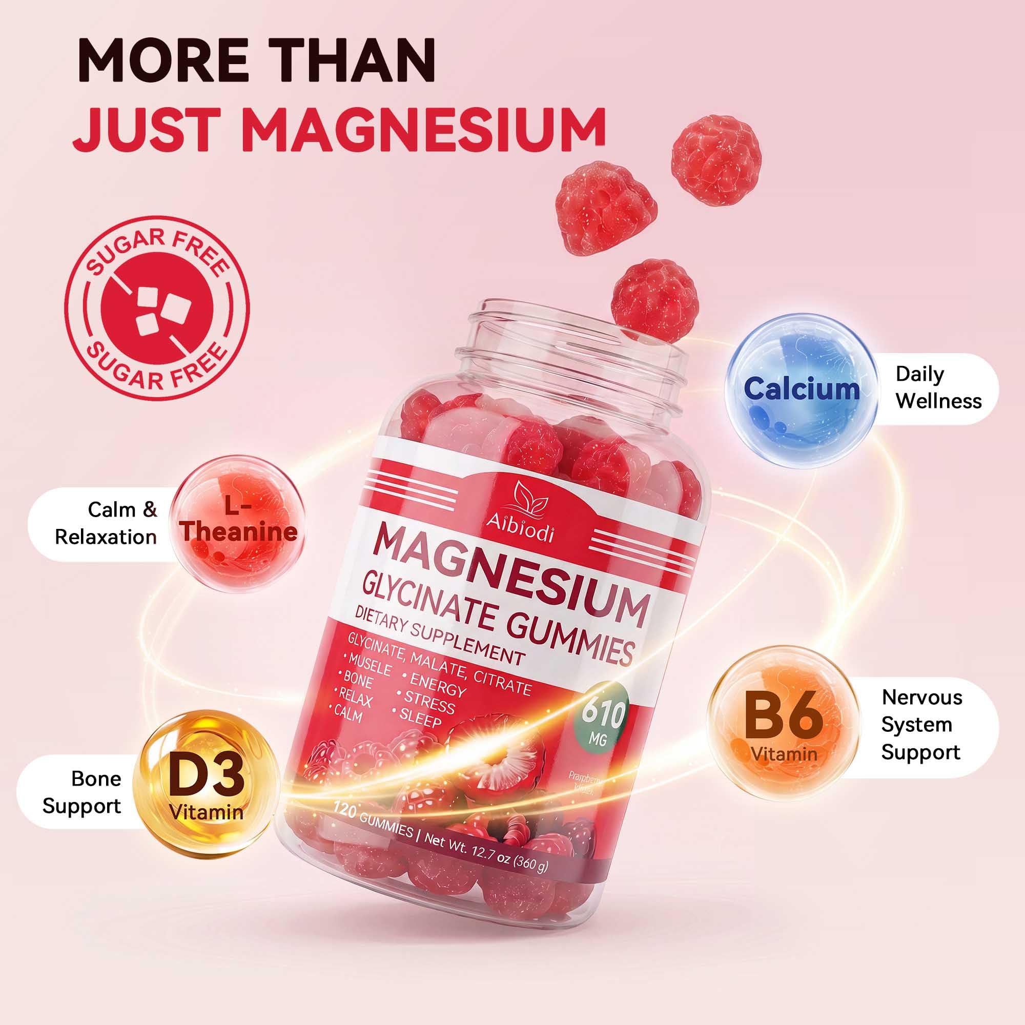 Aibiodi Magnesium Glycinate Gummies 610mg, Magnesium Glycinate, Citrate, Malate Gummies for Adults & Kids, Sleep, Relaxation, Muscle & Bone Support, 120 Chews, Raspberry Flavor image 5