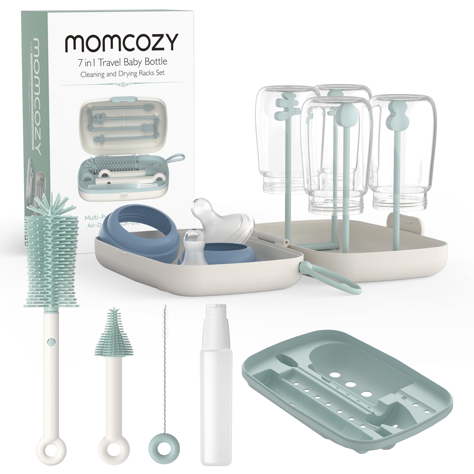 Green Momcozy 7-in-1 baby bottle brush drying rack plus cleaning accessories