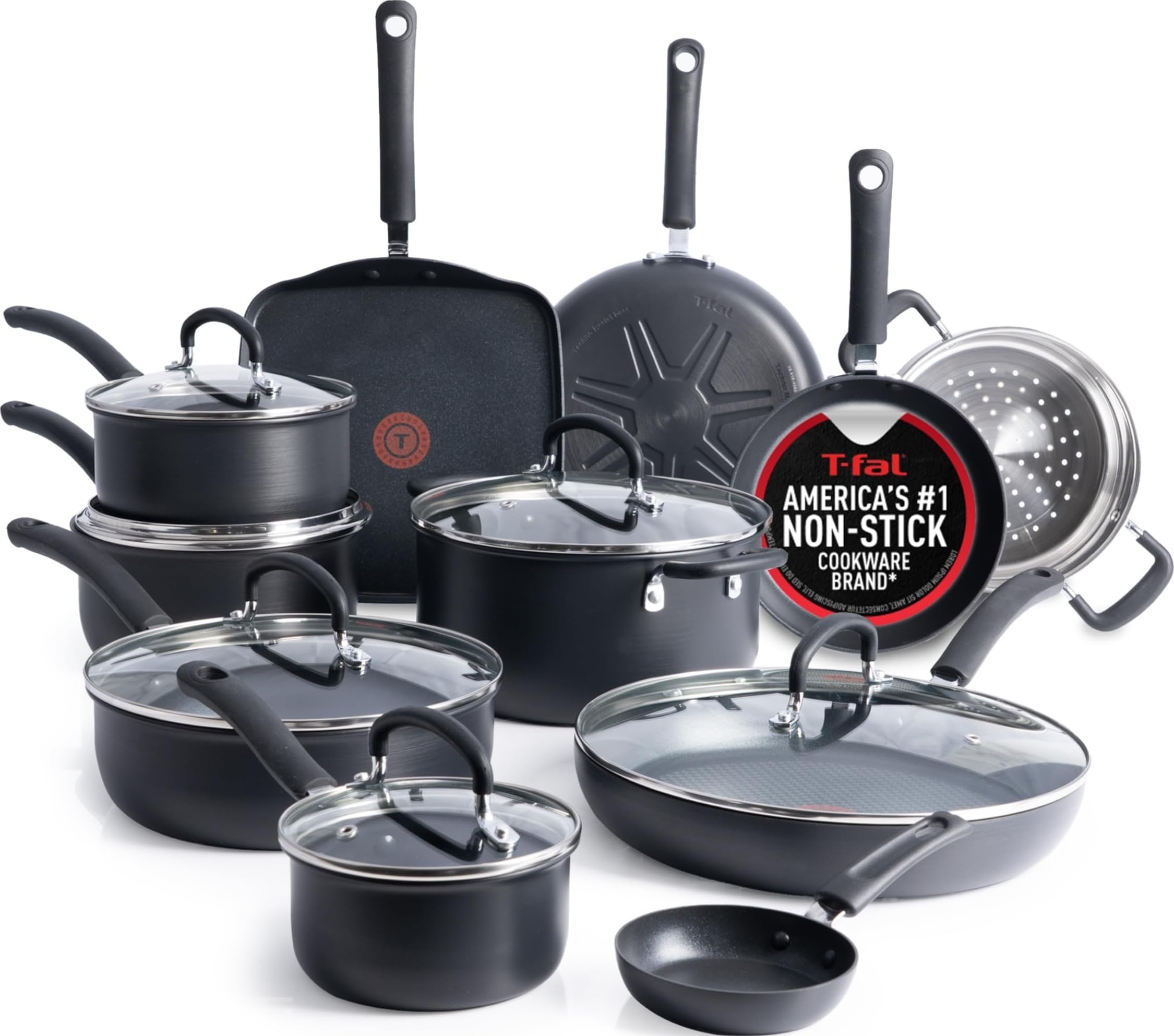 Onyx black T-Fal 17-piece hard anodized nonstick cookware set with fry pan, saucepans, sauté pan and griddle