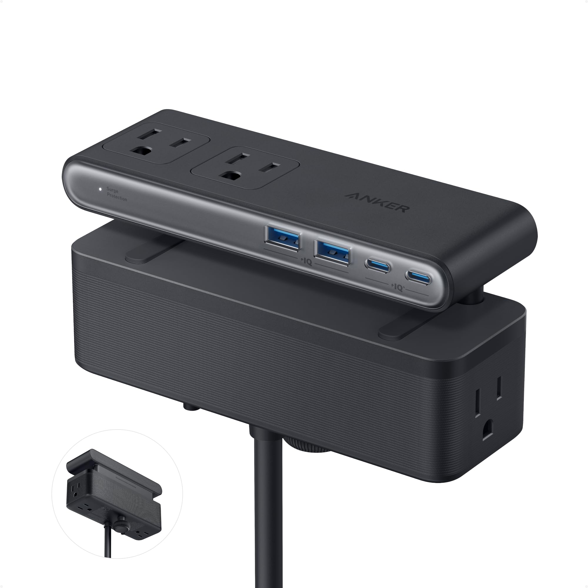 Anker Nano desk clamp power strip showing two USB-C ports, surge protector indicator